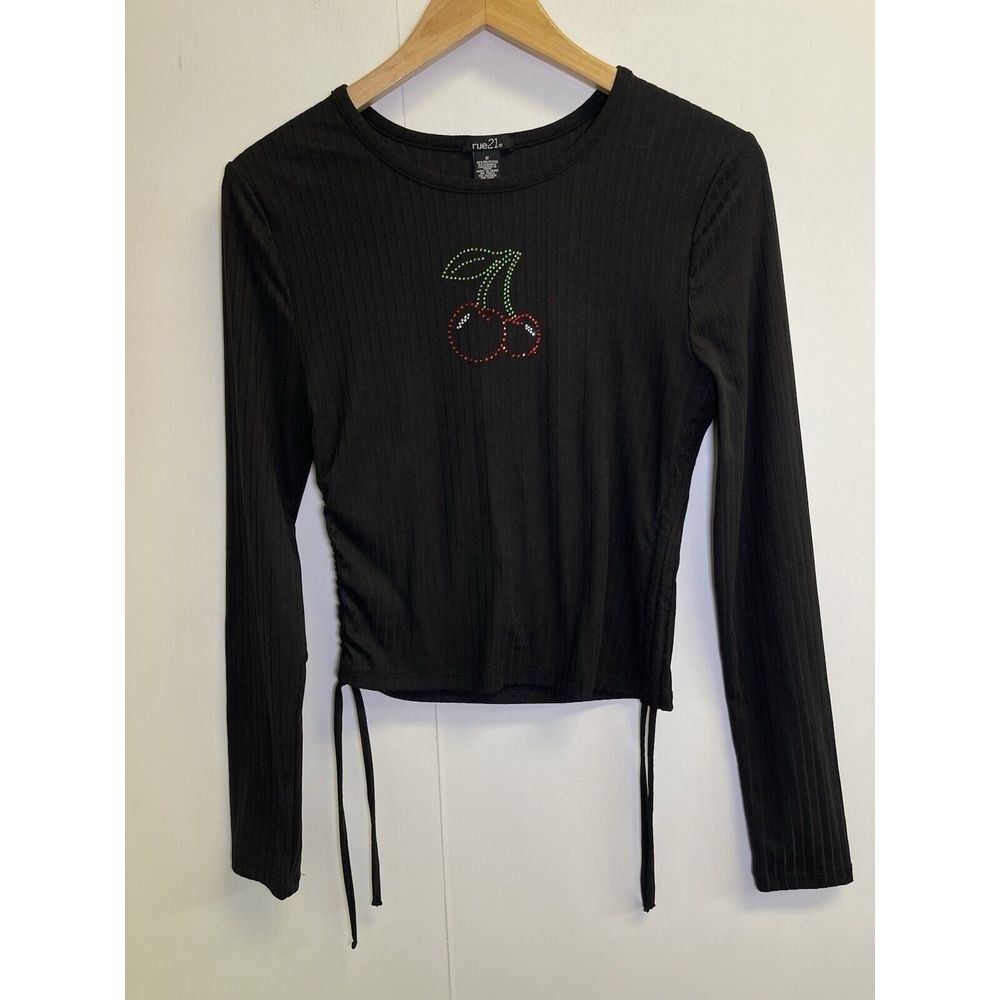 Rue 21 Women's M Rhinestone Cherries Gem Long Sleeve Crop Top Adjustable Sides